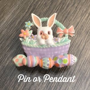 Rabbit in Easter Basket Silvertone & Enamel Easter Pin / Pendant